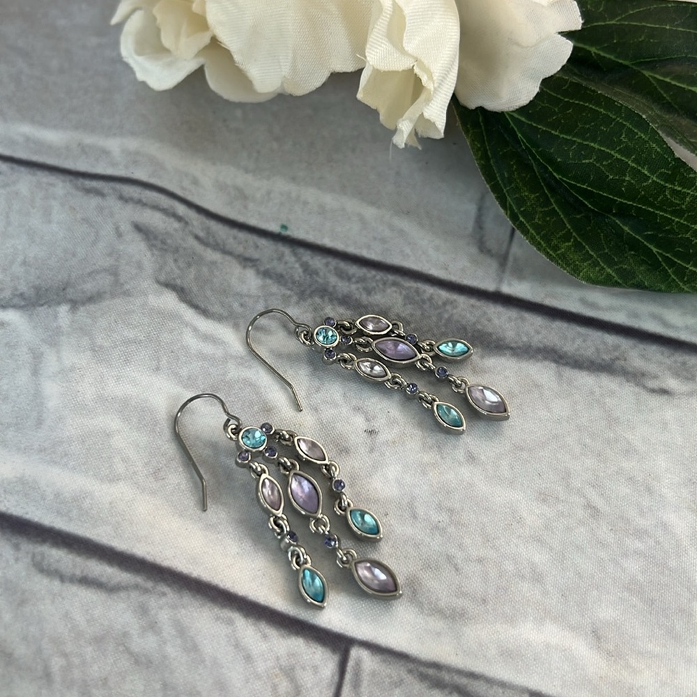 Vintage M4M rhodium multicolor stone dangling earrings 2.25” long